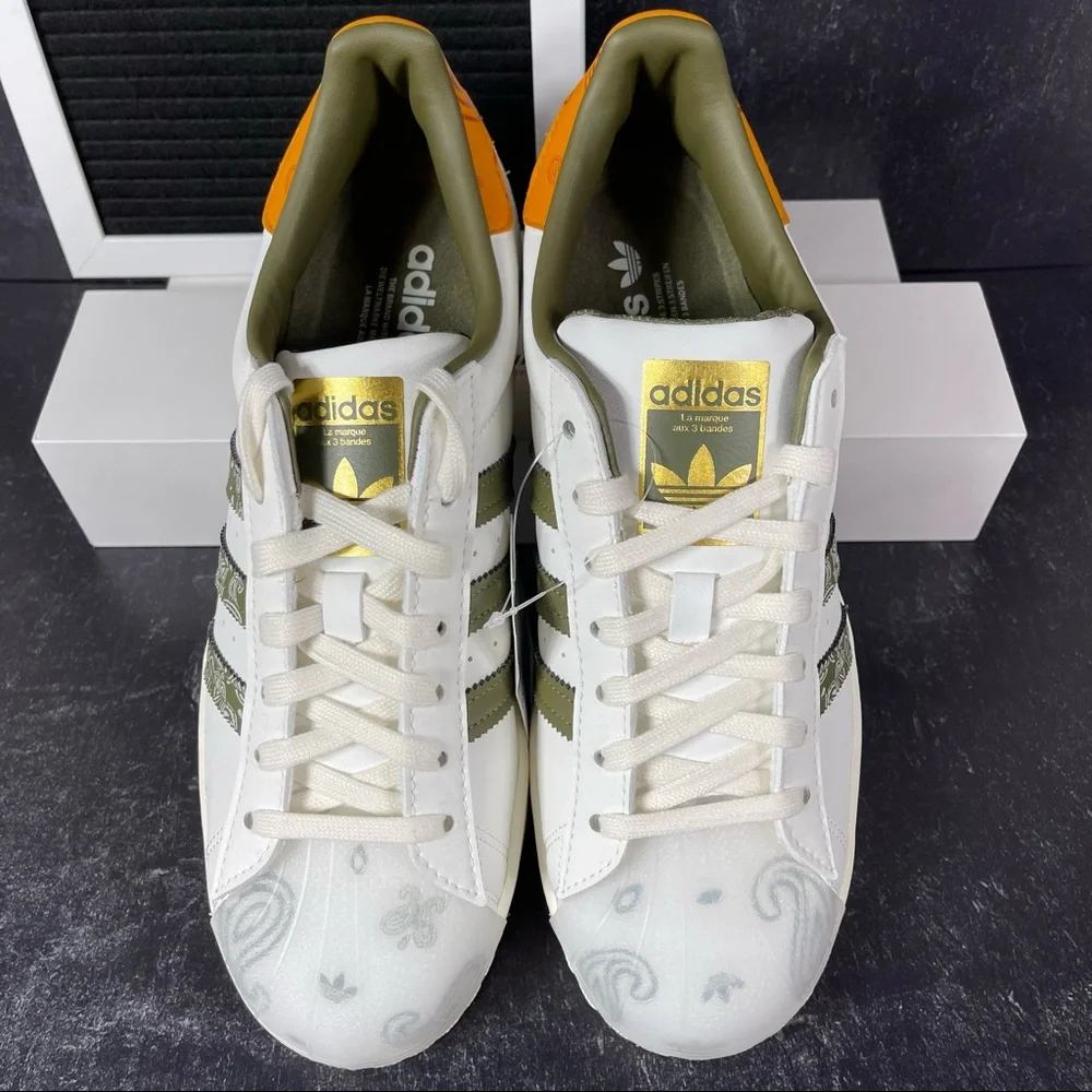 ADIDAS SUPERSTAR BANDANA OFF WHITE FOCUS ORANGE MENS SHOES SIZE 8 GREEN NEW - Picture 2 of 10